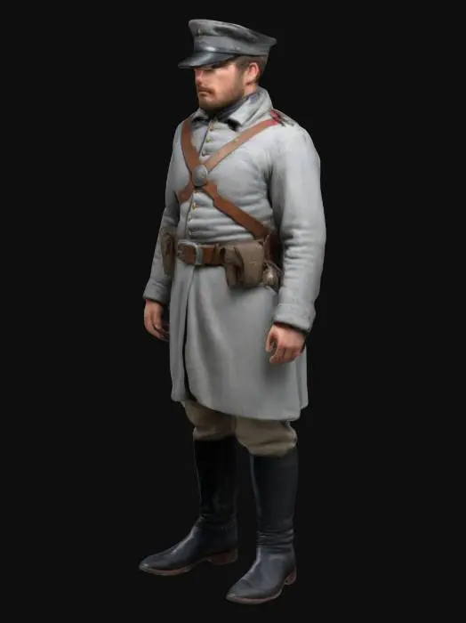 3D model for A highly detailed and realistic depiction of a Confederate soldier from the American Civil War, standing tall in a symmetrical, front-facing A-pose. The soldier is dressed in a worn but sturdy grey uniform, complete with a sack coat and trousers tucked into black leather boots. A leather belt   glinting faintly. The soldier stands ready, exuding an air of discipline and determination, prepared for battle. #realistic# #HighlyDetailed# #UltraRealistic# #Apose# #SymmetricalBody#