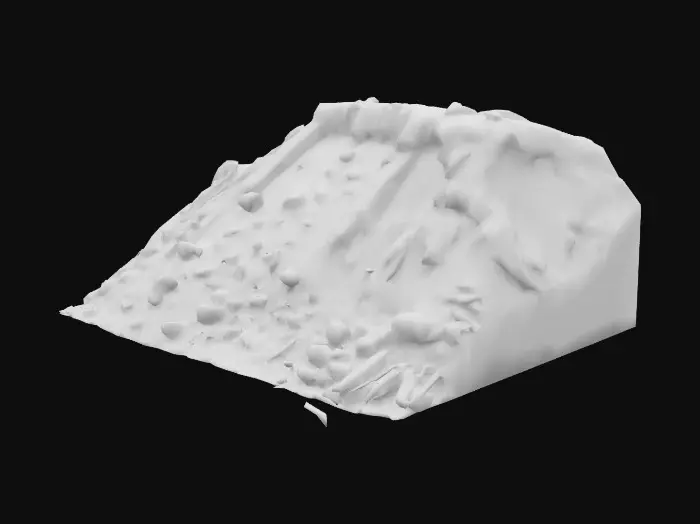 3D model for des roches issu d'un éboulementla Topographie du terrain, avec une pente à 35-45° recouverte de rochers, graviers et terre meuble, il devra y avoir la présence de structures fissurées en haut de la pente : muret de soutènement, façade fragilisée. Pour les pierres et blocs rocheux de taille variée : blocs de 0.3 à 1.5 m de diamètre. Il faudra que les roches aient des formes irrégulières, angles vifs, textures réalistes avec salissures (mousse, poussière, traces de béton), et Certains blocs doivent déjà être partiellement détachés du sol avant l’éboulement. En ce qui concerne les Débris et la poussière, il faut un Nuage de poussière fine (particules volumétriques) soulevé au moment de la chute, et les éléments plus légers emportés : morceaux de béton, tuiles, morceaux de bois et de tôle.