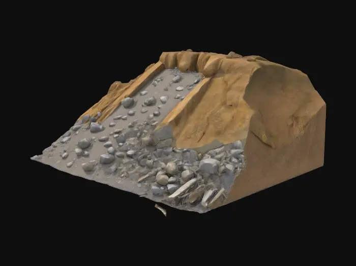 3D model for des roches issu d'un éboulementla Topographie du terrain, avec une pente à 35-45° recouverte de rochers, graviers et terre meuble, il devra y avoir la présence de structures fissurées en haut de la pente : muret de soutènement, façade fragilisée. Pour les pierres et blocs rocheux de taille variée : blocs de 0.3 à 1.5 m de diamètre. Il faudra que les roches aient des formes irrégulières, angles vifs, textures réalistes avec salissures (mousse, poussière, traces de béton), et Certains blocs doivent déjà être partiellement détachés du sol avant l’éboulement. En ce qui concerne les Débris et la poussière, il faut un Nuage de poussière fine (particules volumétriques) soulevé au moment de la chute, et les éléments plus légers emportés : morceaux de béton, tuiles, morceaux de bois et de tôle.