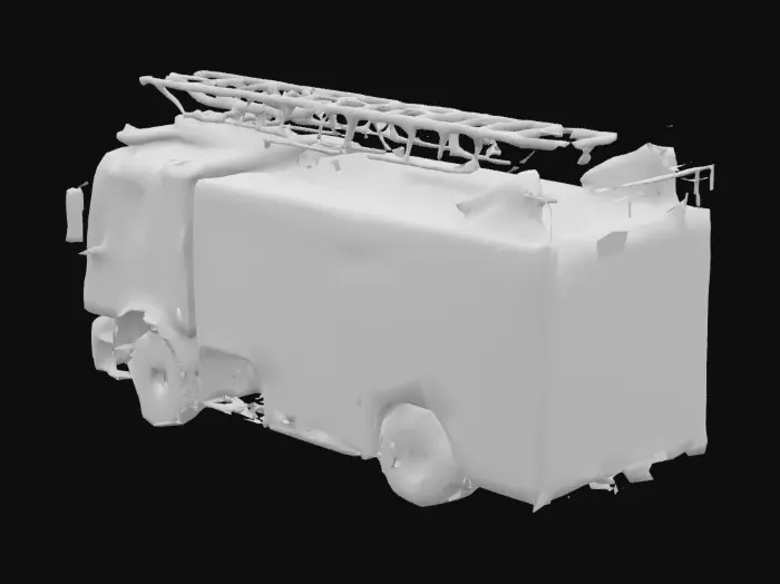 3D model for  European-style fire truck, designed for international emergency response missions. The truck is painted in deep rescue red with bold white and yellow reflective safety stripes along the sides and rear. The vehicle features a modern crew cab with reinforced windows, blue and red LED emergency lights on the roof and grille, and a large telescopic ladder mounted on top with stabilization arms folded to the side. Side compartments are transparent, showing rescue tools: hydraulic cutters, first-aid kits, breathing apparatus, axes, and thermal imaging equipment. A water hose reel is mounted at the rear, with pressure indicators and connection valves modeled. Tires are heavy-duty, to reflect recent action in a disaster zone. Light damages suggest the truck has already been deployed on the field.