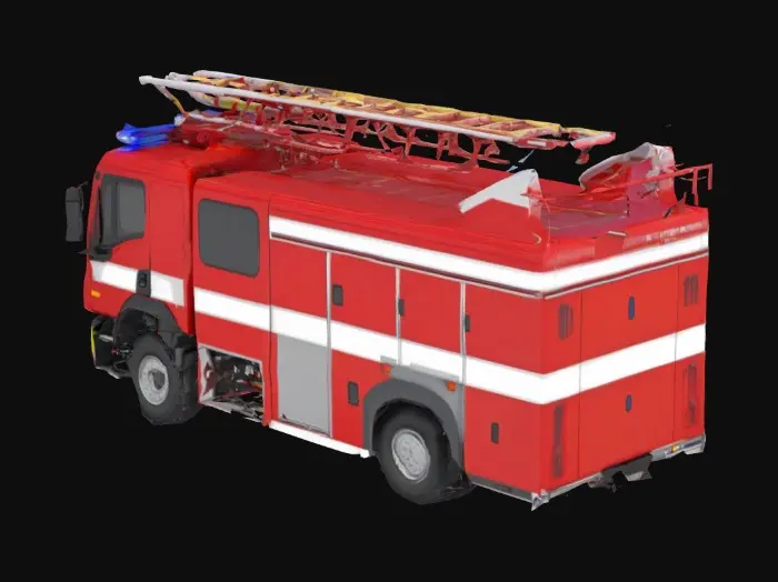 3D model for  European-style fire truck, designed for international emergency response missions. The truck is painted in deep rescue red with bold white and yellow reflective safety stripes along the sides and rear. The vehicle features a modern crew cab with reinforced windows, blue and red LED emergency lights on the roof and grille, and a large telescopic ladder mounted on top with stabilization arms folded to the side. Side compartments are transparent, showing rescue tools: hydraulic cutters, first-aid kits, breathing apparatus, axes, and thermal imaging equipment. A water hose reel is mounted at the rear, with pressure indicators and connection valves modeled. Tires are heavy-duty, to reflect recent action in a disaster zone. Light damages suggest the truck has already been deployed on the field.