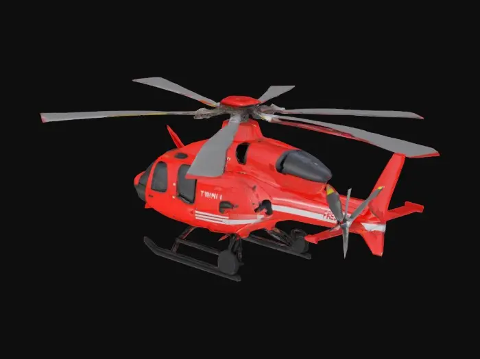 3D model for modern rescue and firefighting helicopter used by international emergency teams. The aircraft is painted in vivid red with high-visibility white and yellow reflective stripes along the fuselage, tail, and rotor blades. Twin-engine configuration with large rotor, tail rotor protected by a shroud.
The cockpit features panoramic reinforced glass, with visible instrument panels, helmets on seats, and realistic pilot controls. The side of the helicopter has an openable sliding door, revealing interior equipment: stretcher brackets, oxygen tanks, trauma kits, harnesses, and radio panels. Exterior compartments show mounted tools like a rescue winch, spotlight, thermal camera dome, and loudspeaker system. A large water tank or bucket system may be attached underneath for wildfire scenarios.
