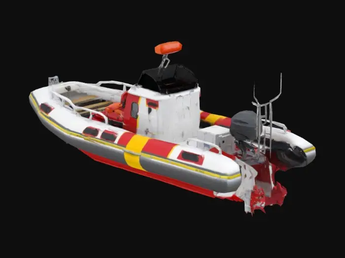 3D model for emergency response boat used by firefighters. The boat is medium-sized, rigid-hull inflatable, painted in bright red with white and yellow reflective safety stripes along the sides. The bow features a reinforced bumper and searchlight, with side rails for stability during rescue operations.
Equipped with twin outboard motors with visible exhaust ports. On deck: water pump controls, storage compartments for life vests, rescue ropes, floating stretchers, medical kits, thermal blankets, and flotation devices. Mounted radio antenna, GPS, and loudspeaker system. Cabin or center console includes realistic steering, throttle controls, navigation instruments, and mounted communication gear. A water cannon or hose system may be mounted at the front for firefighting during harbor or coastal fires