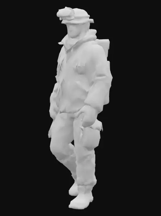 3D model for a professional firefighter rescuer in emergency response uniform. European-style rescue gear: jacket with reflective yellow and silver stripes, deep red or navy color base, breathable fire-resistant fabric. Pants reinforced at the knees, rescue boots with steel toe protection, utility belt with rescue tools (radio, flashlight, trauma shears, carabiners). Helmet with transparent visor, headlamp mounted. Gloves worn, hands ready for action. Light dirt, scuff marks, soot on clothing indicating active duty in a disaster environment. Appropriate for earthquake or flood rescue scenario. Background neutral or showing a disaster area in soft blur. Pose is dynamic: kneeling beside a victim, scanning debris, or holding a thermal camera. Character designed for immersive VR emergency response training