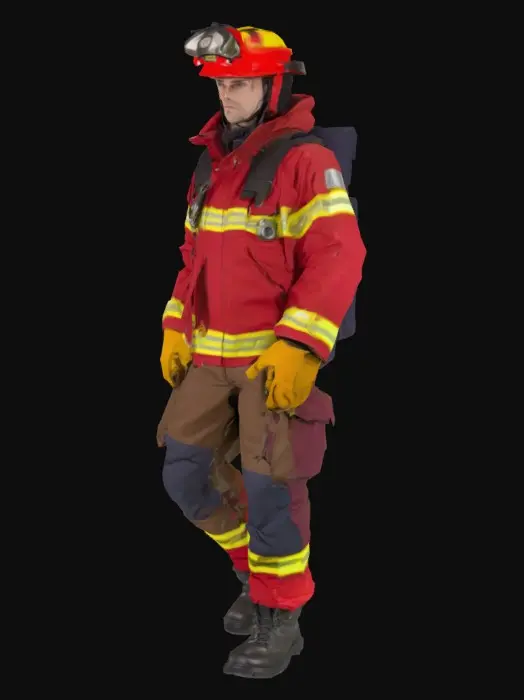 3D model for a professional firefighter rescuer in emergency response uniform. European-style rescue gear: jacket with reflective yellow and silver stripes, deep red or navy color base, breathable fire-resistant fabric. Pants reinforced at the knees, rescue boots with steel toe protection, utility belt with rescue tools (radio, flashlight, trauma shears, carabiners). Helmet with transparent visor, headlamp mounted. Gloves worn, hands ready for action. Light dirt, scuff marks, soot on clothing indicating active duty in a disaster environment. Appropriate for earthquake or flood rescue scenario. Background neutral or showing a disaster area in soft blur. Pose is dynamic: kneeling beside a victim, scanning debris, or holding a thermal camera. Character designed for immersive VR emergency response training