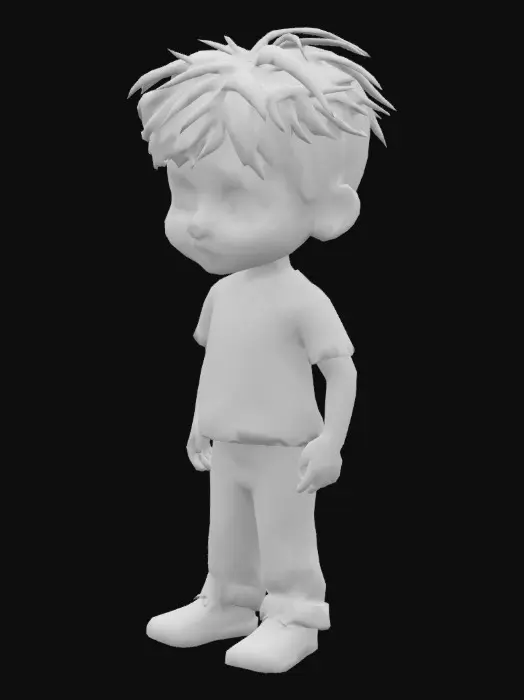 3D model for Ultra-realistic 3D model of a child, approximately 6 to 8 years old, standing in a natural pose. Caucasian (or specify ethnicity), short brown hair slightly messy, expressive blue eyes, light freckles on the cheeks. Wearing simple, slightly worn everyday clothing: a light blue t-shirt with a small graphic, dark jeans with subtle dirt stains, and worn sneakers. Face shows mixed emotions: a blend of fear, confusion, and hope, as if recently rescued from a disaster. Natural body proportions, childlike round facial features, and slightly flushed skin tone. Subtle lighting highlights soft skin texture, fine hair strands, and realistic eye reflections. Small scratches and dust on skin and clothes for added realism. Neutral or disaster-related blurred background for VR rescue simulation