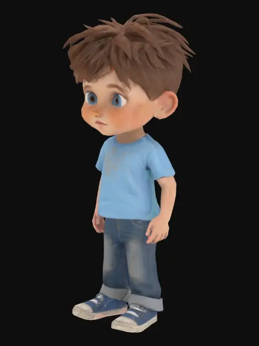 3D model for Ultra-realistic 3D model of a child, approximately 6 to 8 years old, standing in a natural pose. Caucasian (or specify ethnicity), short brown hair slightly messy, expressive blue eyes, light freckles on the cheeks. Wearing simple, slightly worn everyday clothing: a light blue t-shirt with a small graphic, dark jeans with subtle dirt stains, and worn sneakers. Face shows mixed emotions: a blend of fear, confusion, and hope, as if recently rescued from a disaster. Natural body proportions, childlike round facial features, and slightly flushed skin tone. Subtle lighting highlights soft skin texture, fine hair strands, and realistic eye reflections. Small scratches and dust on skin and clothes for added realism. Neutral or disaster-related blurred background for VR rescue simulation