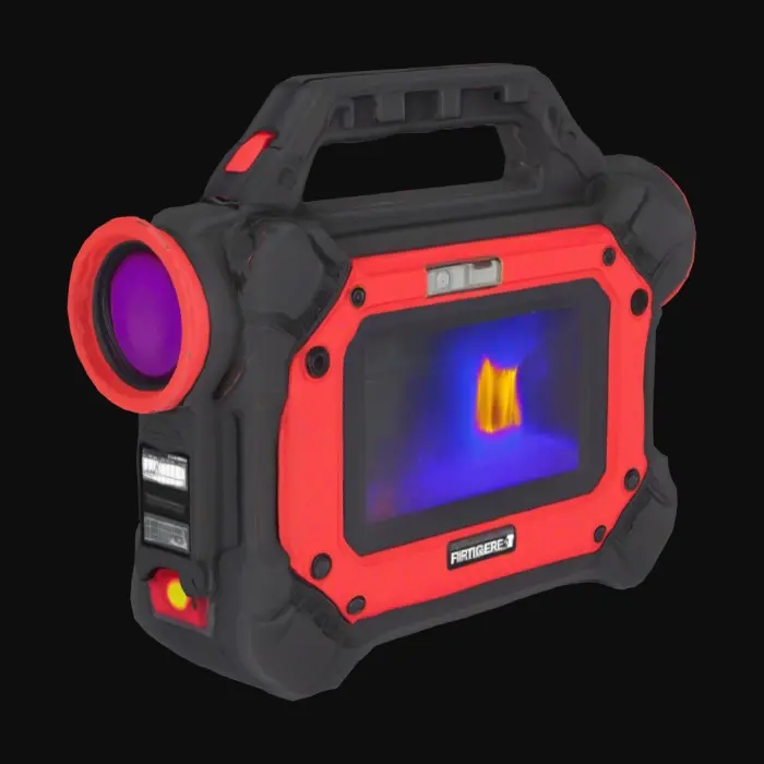 3D model for Caméra thermique portable professionnelle conçue pour les pompiers. Appareil compact et robuste, de couleur noire ou rouge, avec une coque renforcée en caoutchouc antichoc. Poignée ergonomique avec revêtement texturé pour une prise ferme même avec des gants. Grand écran à l’arrière affichant une vue thermique en temps réel (palette de couleurs : blanc, jaune, rouge pour les zones chaudes ; bleu, violet, noir pour les zones froides). Interface simple avec réticule central, indicateur de température numérique, batterie visible sur l’écran. Lentille frontale protégée par un cache résistant aux températures extrêmes. Ports latéraux pour fixation à l’équipement du pompier. Logo discret de type 'Fire Rescue' ou 'Thermal Unit'. Doit évoquer durabilité, efficacité et technologie de secours avancée