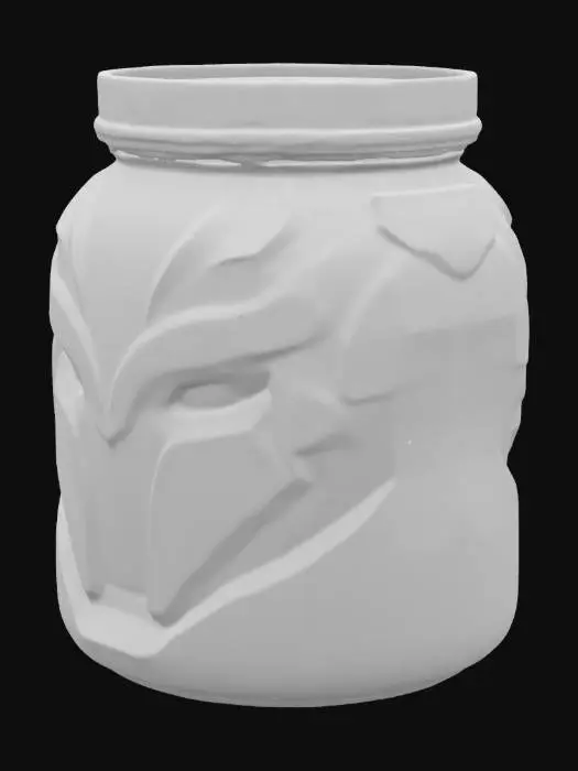 3D model for Futuristic whey protein supplement case, which has a topology of god of war Ares's helmet with face on it, rough