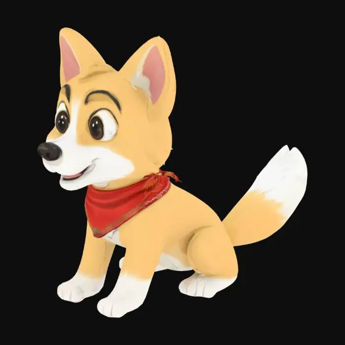 3D model for a cream-colored german shepherd/husky mix dog cartoon character wearing a bandana