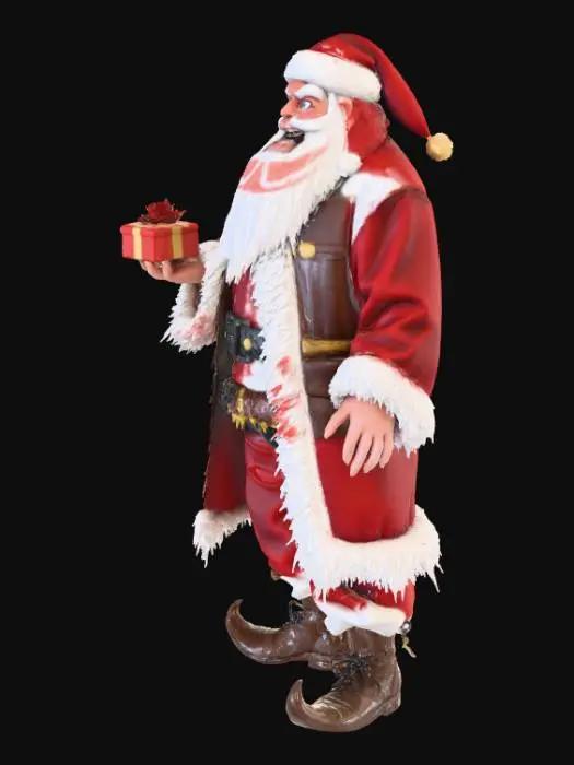 3D model for новогодний кошмар: дед мороз держит в руке подарок, на спине у него весит мешок с подарками. это не просто дед мороз, а страшный, монстр.
но он не несёт зла, он улыбается, выражая доброту и чувства наступающего нового года, #Christmas2025#