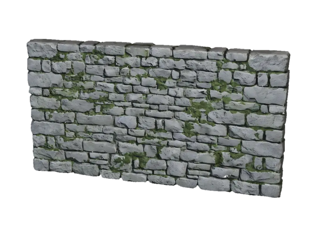 straight cobblestone wall with some randomized moss spots and variable stone… - Architectural 3D model, vytvořený pomocí AI