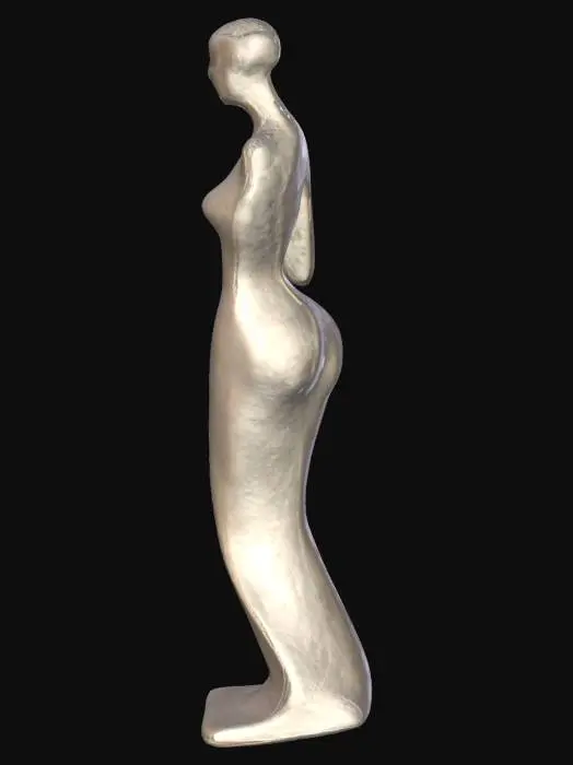 3D model for 3D model of an abstract human figure inspired by Henry Moore's style. A fluid, organic silhouette with smooth, flowing curves and simplified anatomy. The form blends classical sculpture with a modern, futuristic touch. Polished, soft surfaces with a serene and elegant presence. Designed for architectural visualizations, art installations, or high-end interior design. Highly detailed, with realistic textures emphasizing grace, balance, and timeless aesthetics.