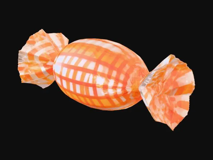 3D model for A glossy, cylindrical hard candy encased in translucent, crinkled orange cellophane. The candy itself presents a uniform spiral pattern of alternating white and bright orange stripes, extending across its entire surface. The wrapper is tightly twisted at both ends, forming ruffled, organic folds that secure the candy within its sweet-looking package.