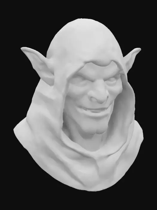 3D model for Evil Goblin Head wearing a hood, Fantasy, Leather, Fabric, Organic, Irregular, Highly Detailed, Ultra Realistic, Bust