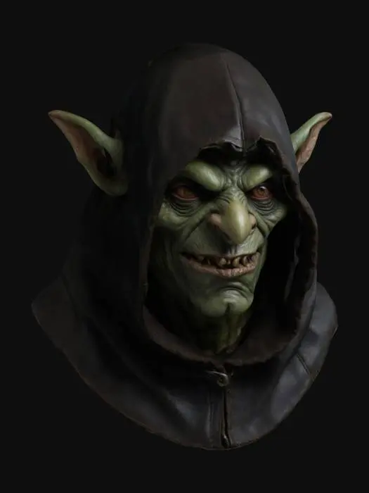 3D model for Evil Goblin Head wearing a hood, Fantasy, Leather, Fabric, Organic, Irregular, Highly Detailed, Ultra Realistic, Bust