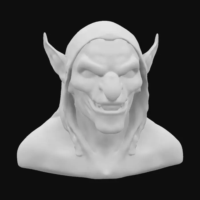 3D model for Evil Goblin Head wearing a hood, Fantasy, Leather, Fabric, Organic, Irregular, Highly Detailed, Ultra Realistic, Bust