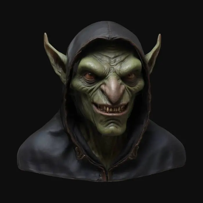 3D model for Evil Goblin Head wearing a hood, Fantasy, Leather, Fabric, Organic, Irregular, Highly Detailed, Ultra Realistic, Bust