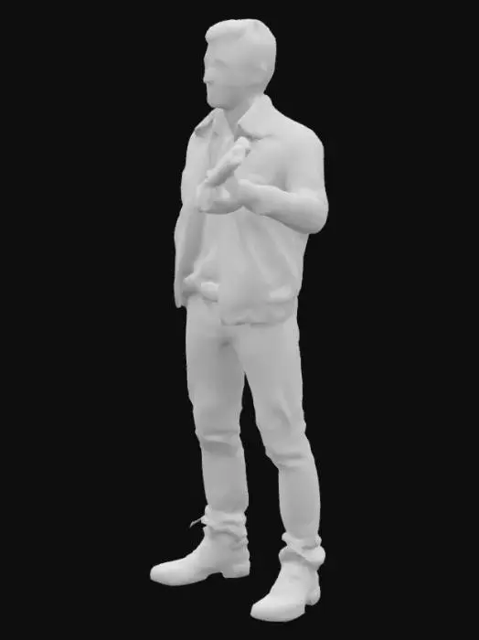 3D model for Handsome brunette man, brown leather jacket, gun in hand, The object depicted is a futuristic corridor with angular, streamlined geometry, featuring sleek metallic textures and illuminated panels.