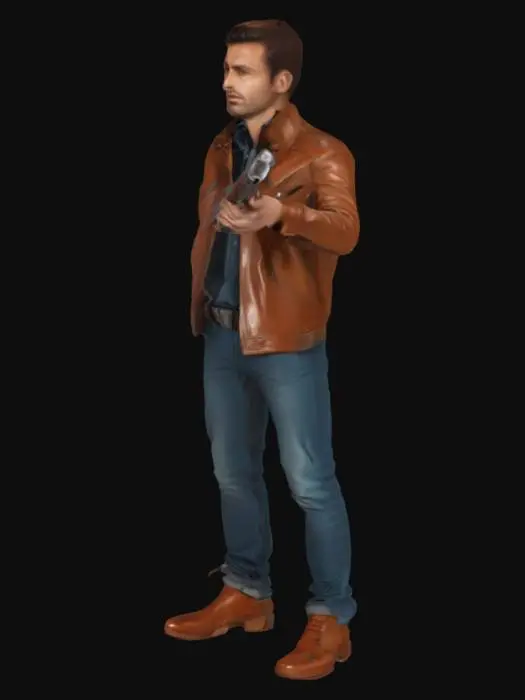 3D model for Handsome brunette man, brown leather jacket, gun in hand, The object depicted is a futuristic corridor with angular, streamlined geometry, featuring sleek metallic textures and illuminated panels.