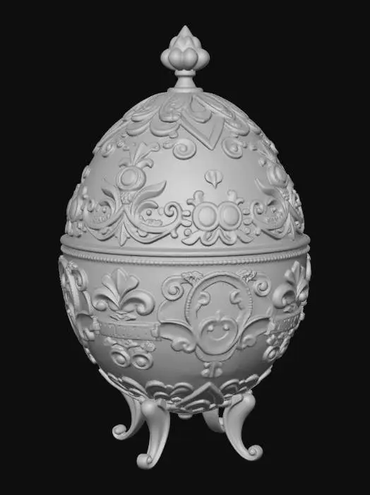 3D model for A luxurious baroque ornamental egg, inspired by Fabergé craftsmanship. The egg is extremely elegant and symmetrical, covered with intricate baroque engravings, floral scrollwork, royal filigree patterns, and classical decorative reliefs. The surface is polished gold with subtle enamel sections in deep royal red and ivory. The words “Loud Europe” are beautifully engraved on the front in an elegant classical serif calligraphy, integrated into the ornament design. Ultra-detailed craftsmanship, museum-quality decorative object, rich ornamental depth, high relief engravings, cinematic lighting reflections on polished metal, perfect oval proportions, highly detailed sculptural surface, clean topology, centered object, isolated on neutral background, luxury royal artifact, 3D printable quality.