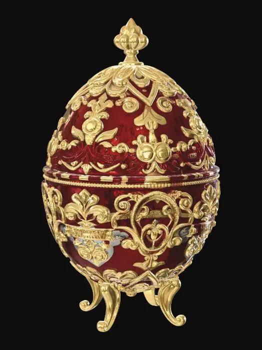 3D model for A luxurious baroque ornamental egg, inspired by Fabergé craftsmanship. The egg is extremely elegant and symmetrical, covered with intricate baroque engravings, floral scrollwork, royal filigree patterns, and classical decorative reliefs. The surface is polished gold with subtle enamel sections in deep royal red and ivory. The words “Loud Europe” are beautifully engraved on the front in an elegant classical serif calligraphy, integrated into the ornament design. Ultra-detailed craftsmanship, museum-quality decorative object, rich ornamental depth, high relief engravings, cinematic lighting reflections on polished metal, perfect oval proportions, highly detailed sculptural surface, clean topology, centered object, isolated on neutral background, luxury royal artifact, 3D printable quality.