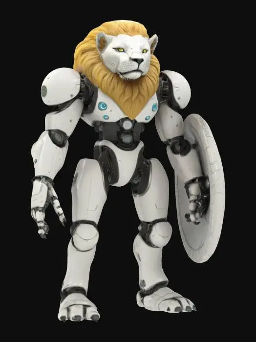 3D model for 科幻乌托邦科技机器人，身体由一个带有四肢的球体组成，狮子的面庞，身上装有各种装置，一只手握着防御能量盾，细节极其丰富，高分辨率纹理，史诗般的姿态
贴图提示词
