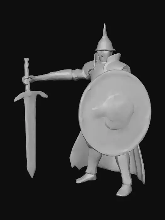 3D model for t pose şekilde savaşçı bir karakter oluştur karakterin üstünde zırh olsun sol elinde kalkan sağ elinde zülfikar kılıcı olsun karakterin pelerini üstünde osmanlı bayrağı olucak