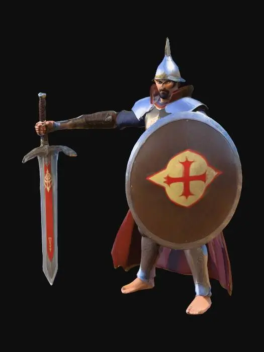 3D model for t pose şekilde savaşçı bir karakter oluştur karakterin üstünde zırh olsun sol elinde kalkan sağ elinde zülfikar kılıcı olsun karakterin pelerini üstünde osmanlı bayrağı olucak
