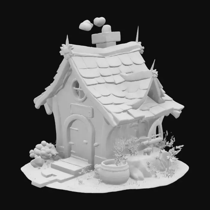 3D model for A cozy fairy-tale cottage made of wood and stone. The roof is covered with purple and brown tiles, chimney emitting white smoke. In front: a wooden door, stone plaque with "Domi," and a barrel surrounded by green shrubs. Right side features a wooden rotating mechanism. Background is a soft pink sky, serene and dreamy.