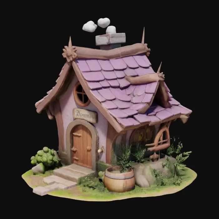 3D model for A cozy fairy-tale cottage made of wood and stone. The roof is covered with purple and brown tiles, chimney emitting white smoke. In front: a wooden door, stone plaque with "Domi," and a barrel surrounded by green shrubs. Right side features a wooden rotating mechanism. Background is a soft pink sky, serene and dreamy.