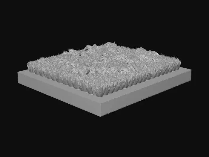 3D model for An isometric 3D game asset, stylized 3D model, for an RTS strategy game. A clean, top-down 3/4 isometric view. A single, perfect square plot of agricultural land, perfectly geometric, set on a grassy green ground. It is sparsely filled with golden, ripe wheat stalks, not dense. Textured rich soil and dark earth are clearly visible between the individual stalks, creating a sparse, textured pattern. The edges of the square field are sharp and clean. Absolutely no gatherers, people, sheep, animals, houses, fences, structures, or windmill are present. Just the clean square of sparse golden wheat on grass. Hand-painted textures, clean low-poly art style, vibrant colors. Warm golds, rich browns, and green grass. Soft, warm sunlight, clear silhouette. Clean asset for a building grid.