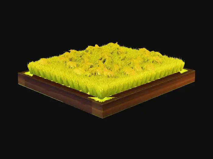 3D model for An isometric 3D game asset, stylized 3D model, for an RTS strategy game. A clean, top-down 3/4 isometric view. A single, perfect square plot of agricultural land, perfectly geometric, set on a grassy green ground. It is sparsely filled with golden, ripe wheat stalks, not dense. Textured rich soil and dark earth are clearly visible between the individual stalks, creating a sparse, textured pattern. The edges of the square field are sharp and clean. Absolutely no gatherers, people, sheep, animals, houses, fences, structures, or windmill are present. Just the clean square of sparse golden wheat on grass. Hand-painted textures, clean low-poly art style, vibrant colors. Warm golds, rich browns, and green grass. Soft, warm sunlight, clear silhouette. Clean asset for a building grid.