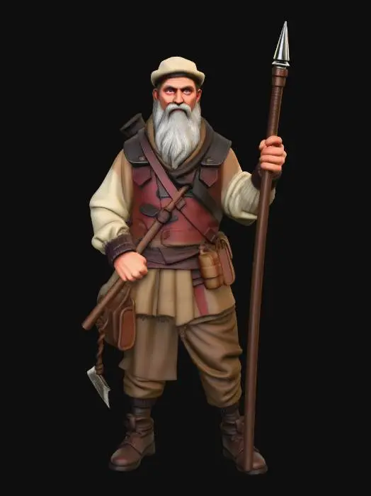 3D model for Isometric 3D character asset, highly detailed raw peasant militiaman pikeman for an indie strategy game. Unarmored and rugged. Wears a rough, ragged woolen tunic, a patched linen shirt, and a simple crude leather vest over worn trousers. His weathered face is weary, with a scruffy beard and a simple padded cloth cap. Holds a long, rough-hewn wooden pike with a simple iron head with both hands; no shield. Worn leather boots and cloth-wrapped legs. A simple satchel and axe are at his belt. Hand-painted textures, stylized 3D, rich detail. Soft golden daylight, 3/4 top-down isometric view. Indie games strategy