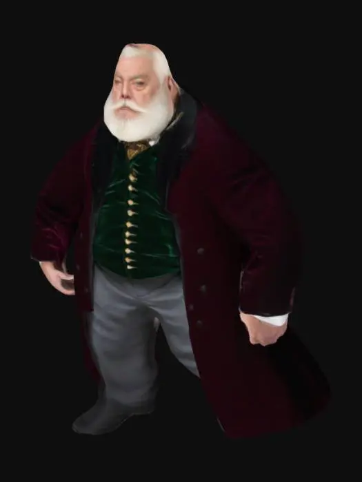 3D model for An elderly heavyset mafia male boss man in his 70s with a full head of white hair and a well-maintained white beard. His face shows signs of age but his green eyes are alert and observant.
Attire: Wearing a luxurious deep maroon smoking jacket over a black velvet vest and a silk cravat. On his right hand, a gold ring with a large emerald.