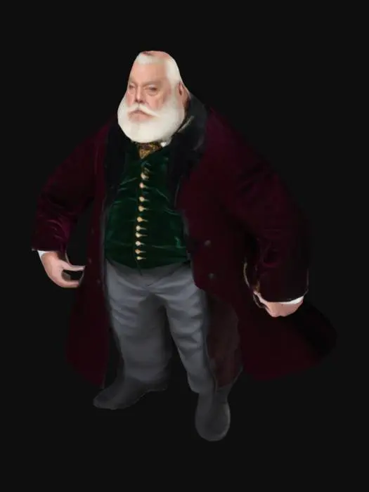 3D model for An elderly heavyset mafia male boss man in his 70s with a full head of white hair and a well-maintained white beard. His face shows signs of age but his green eyes are alert and observant.
Attire: Wearing a luxurious deep maroon smoking jacket over a black velvet vest and a silk cravat. On his right hand, a gold ring with a large emerald.