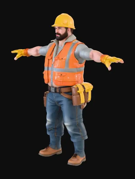 3D model for “Create a hyper-realistic male construction worker in a clean T-pose. Full PBR textures (albedo, normal, roughness, metallic). High-detail clothing including safety vest, work gloves, boots, utility belt, and helmet. Realistic fabric folds, detailed stitching, worn surfaces, and believable materials. Fully textured skin and face, natural proportions, clean topology suitable for 3D printing and animation.”