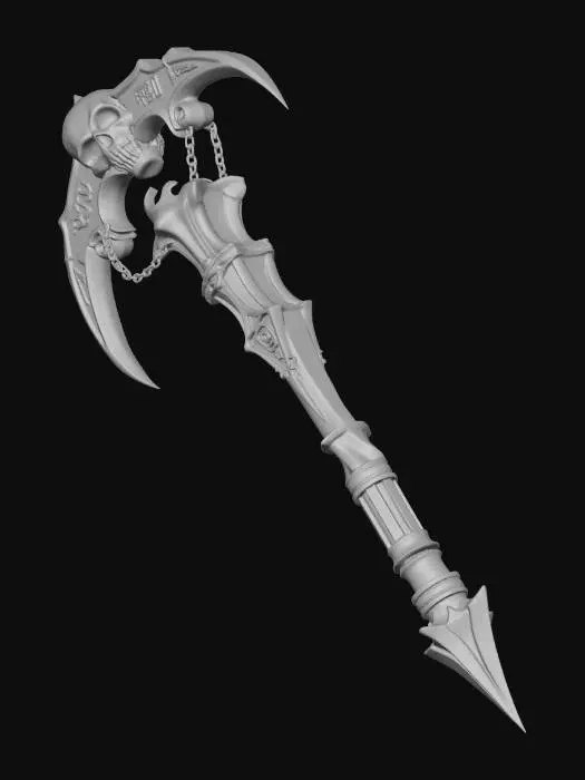 3D model for A massive blood-forged hell scythe hovering in darkness.
The blade curves like a crescent moon, made of blackened obsidian and living crimson metal.
Veins of molten blood pulse through the blade, dripping glowing red droplets into the void.
Infernal runes carved along the edge burn with demonic light.
The handle is wrapped in torn flesh and scorched leather, ending in a skull pommel with empty, glowing eyes.
Thick black smoke and red embers coil around the weapon.
Background is a ruined hellscape with shattered stone, lava cracks, and a blood-red sky.
Ultra-detailed. Hyper-realistic. Cinematic lighting.
High contrast. Dark fantasy. 8K. Sharp focus.
Evil, intimidating, god-weapon aura.
dark fantasy concept art