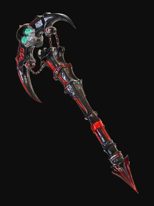 3D model for A massive blood-forged hell scythe hovering in darkness.
The blade curves like a crescent moon, made of blackened obsidian and living crimson metal.
Veins of molten blood pulse through the blade, dripping glowing red droplets into the void.
Infernal runes carved along the edge burn with demonic light.
The handle is wrapped in torn flesh and scorched leather, ending in a skull pommel with empty, glowing eyes.
Thick black smoke and red embers coil around the weapon.
Background is a ruined hellscape with shattered stone, lava cracks, and a blood-red sky.
Ultra-detailed. Hyper-realistic. Cinematic lighting.
High contrast. Dark fantasy. 8K. Sharp focus.
Evil, intimidating, god-weapon aura.
dark fantasy concept art