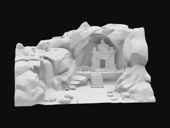 3D model for A Trickling Stream Falling over the edge of a cliff, cascading off of the clifside into a shallow pool of water below that has a small cave with a Temple Shrine inside.