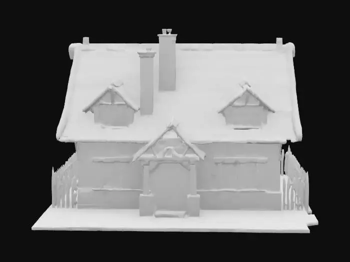 3D model for a Humble medieval home with plaster and brick walls, wide central chimney, detailed thatch roof, raw timber fenced in front yard with a simple gate. HDR, highly detailed #game asset#