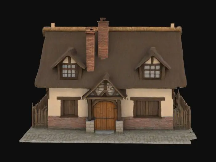 3D model for a Humble medieval home with plaster and brick walls, wide central chimney, detailed thatch roof, raw timber fenced in front yard with a simple gate. HDR, highly detailed #game asset#