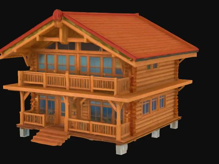 3D model for A timber frame cabin with a large fence in yard with an expansive vegetable garden, HDR, Anime Style