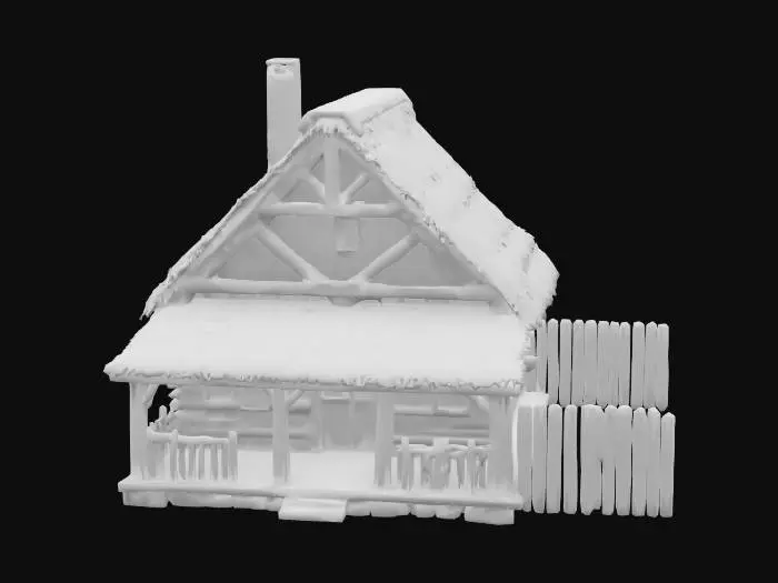 3D model for A timber frame cabin with a large fence in yard with an expansive vegetable garden, HDR, Anime Style