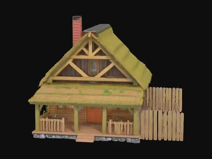 3D model for A timber frame cabin with a large fence in yard with an expansive vegetable garden, HDR, Anime Style