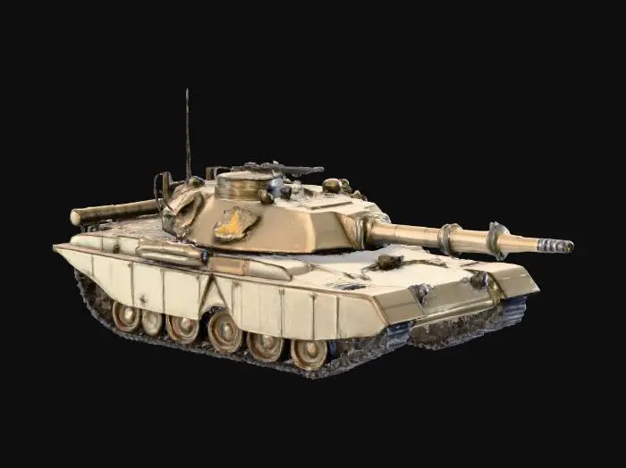 3D model for A Sci-fi Steam Punk M1 Abrams tank, detailed metallic texturing, large central turret cannon, small auxiliary turrets, Highly Detailed, HDR