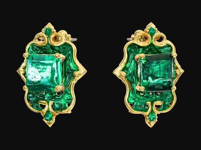 3D model for A pair of screw-back princess cut emerald and 18k gold earrings, HDR, Highly Detailed, Modern vintage style
