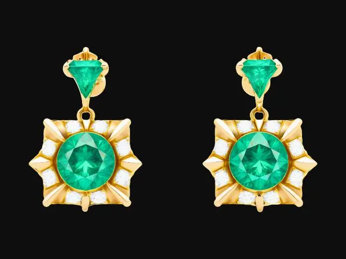 3D model for A pair of screw-back princess cut emerald and 18k gold earrings, HDR, Highly Detailed, Modern vintage style