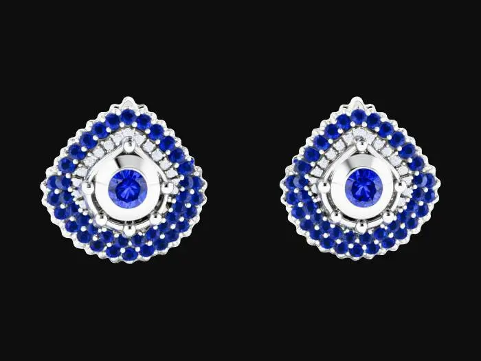3D model for A pair of screw-back blue sapphire and sterling silver stud earrings with moissanite accent gemstones, HDR, Highly Detailed, Modern style, double halo setting
