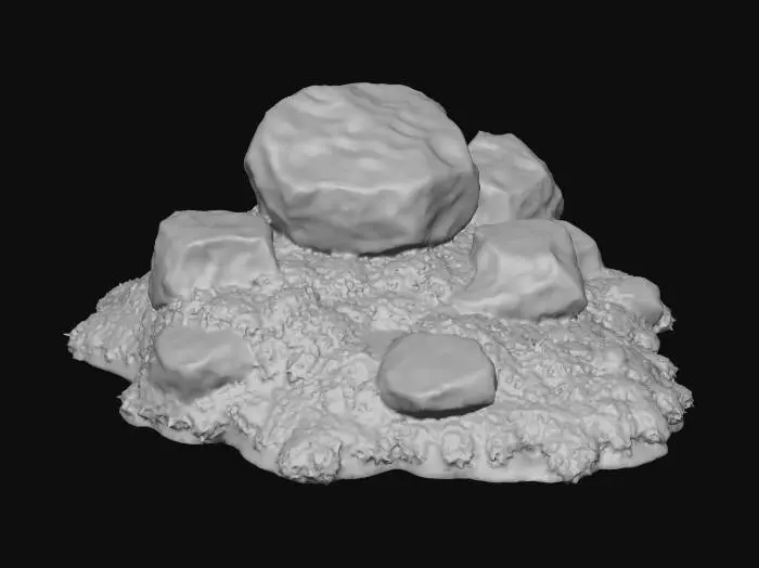3D model for A small, natural cluster of boulders and rocks of varying sizes and irregular, angular shapes forms a compact pile. Each rock is composed of rough, grey-brown stone with visible iron stained mineral veins. They are heavily blanketed in a thick, vibrant green moss, giving them a soft, spongy, and slightly damp texture. The moss creates an organic, rounded overlay on the rugged stone.